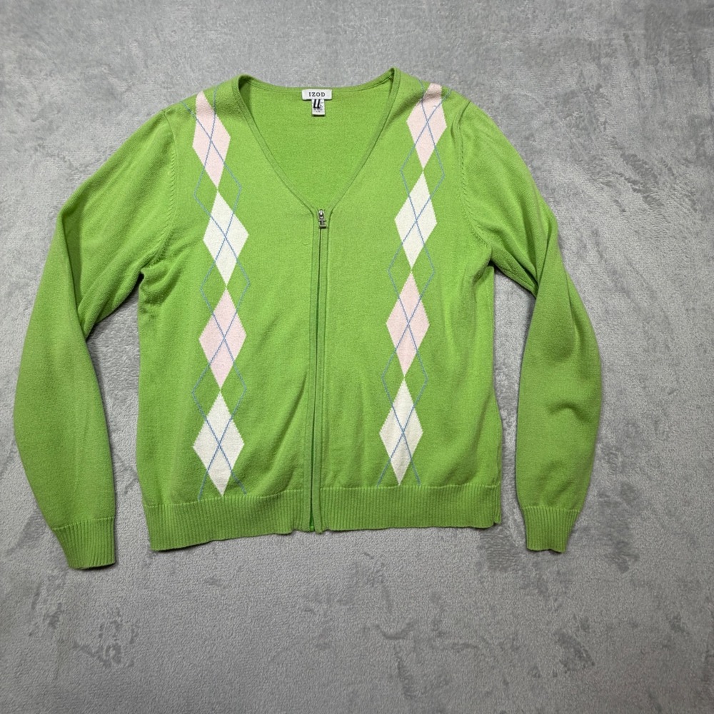 Vintage 2000s Green Argyle Cotton Zip Cardigan Preppy Large Golf Retrosport